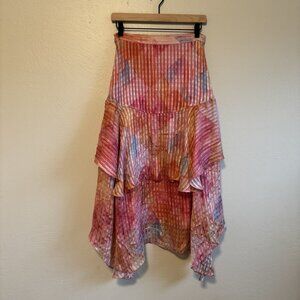 LoveShackFancy Pink Striped Flowy Tiered Maxi Midi Skirt Size 4